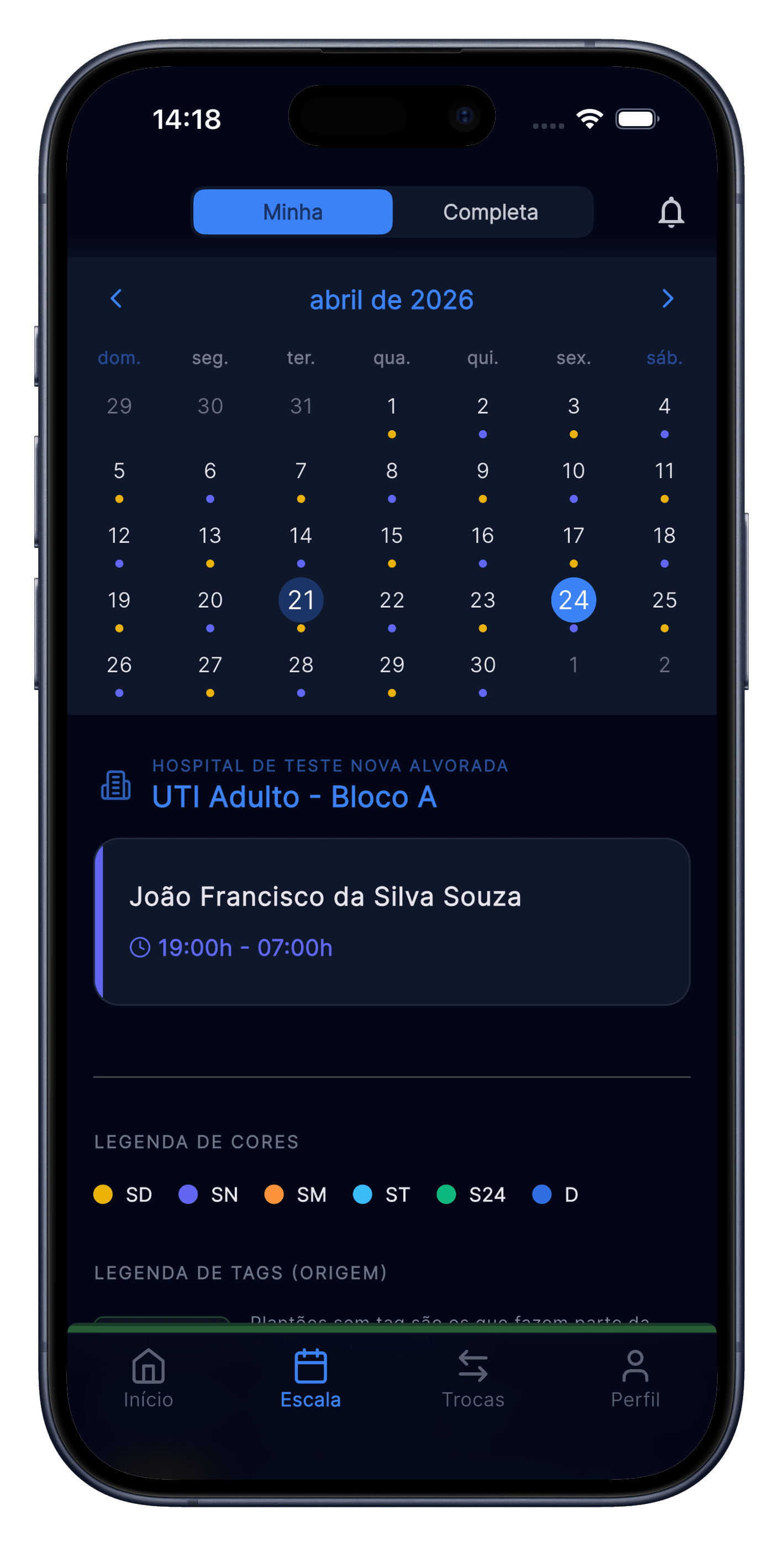 Aplicativo Integra Escala no celular com escala e informações ao profissional