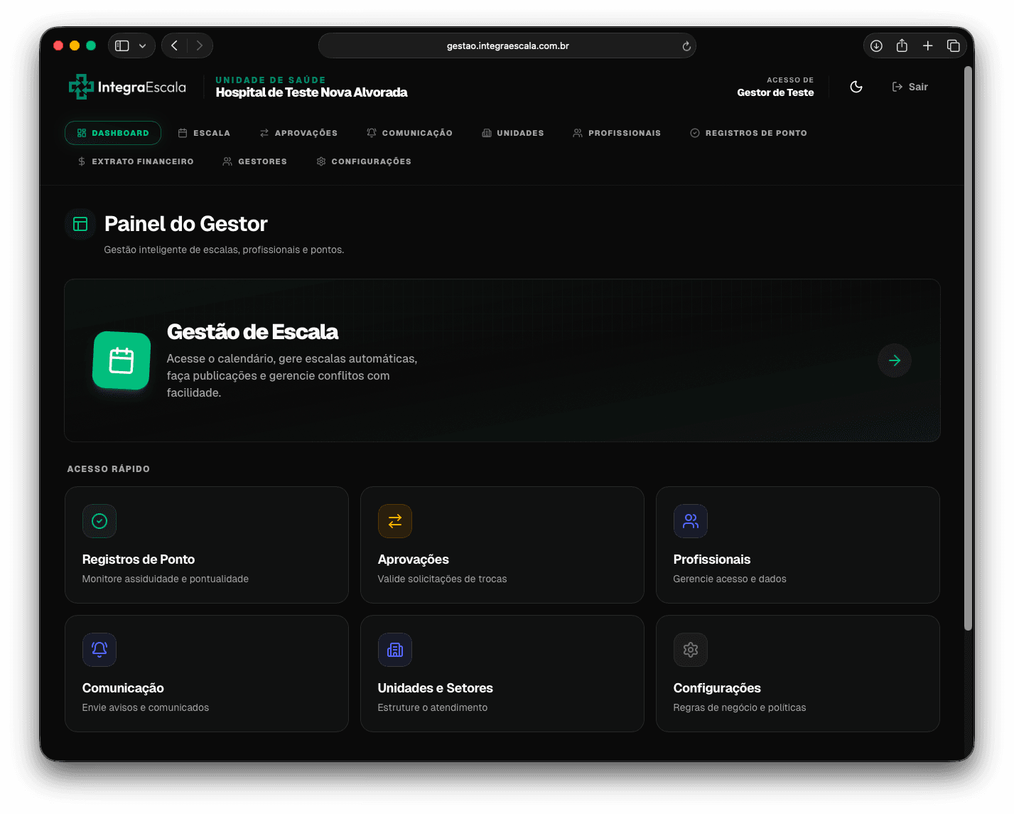 Painel gestor Integra Escala no navegador, com visão da operação de escala e indicadores